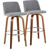 Toriano 30" Swivel Bar Stool in Walnut Wood & Grey Fabric with Chrome Footrest (Set of 2)